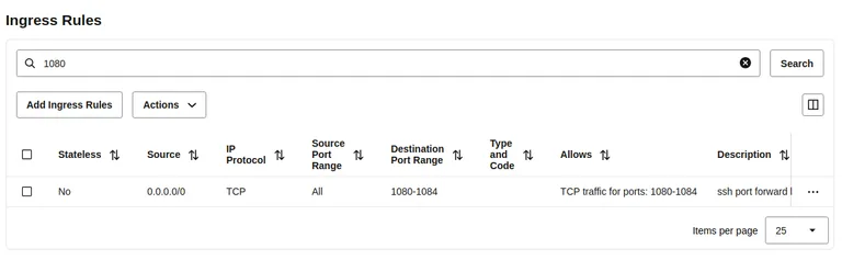Example opened ports in the firewall